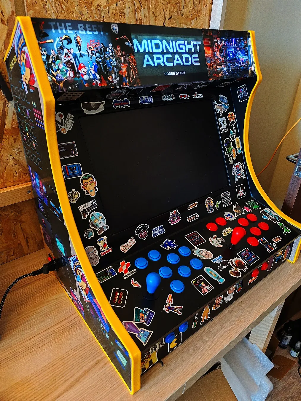 A homemade arcade machine with controls for two players