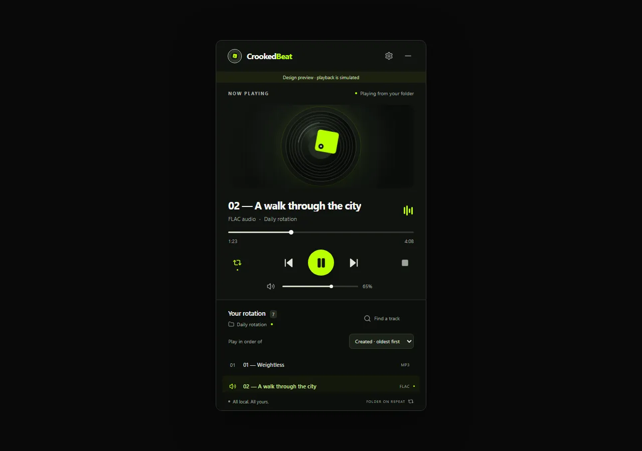 CrookedBeat playing music from the selected folder